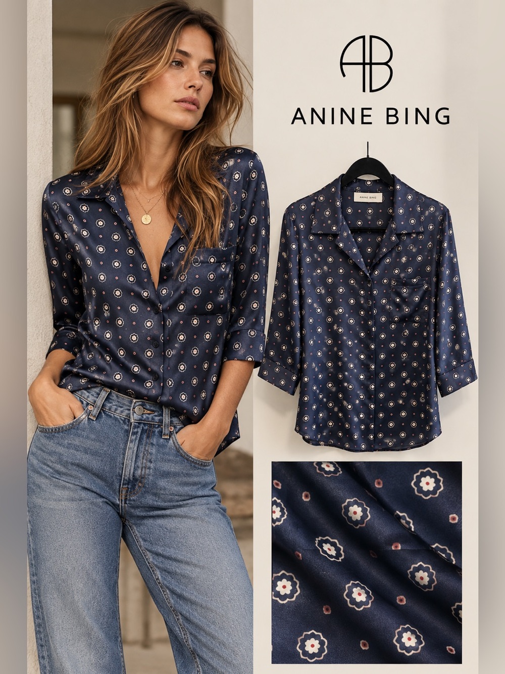 Anine Bing Navy Floral-Print Satin Blouse